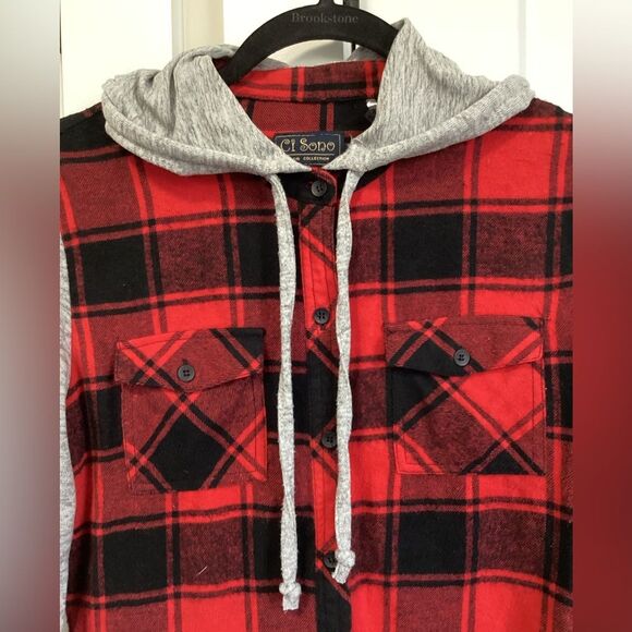 CI SONO SIZE MEDIUM RED BLACK BUFFALO PLAID HOODED SHACKET SHIRT JACKET - Picture 4 of 7